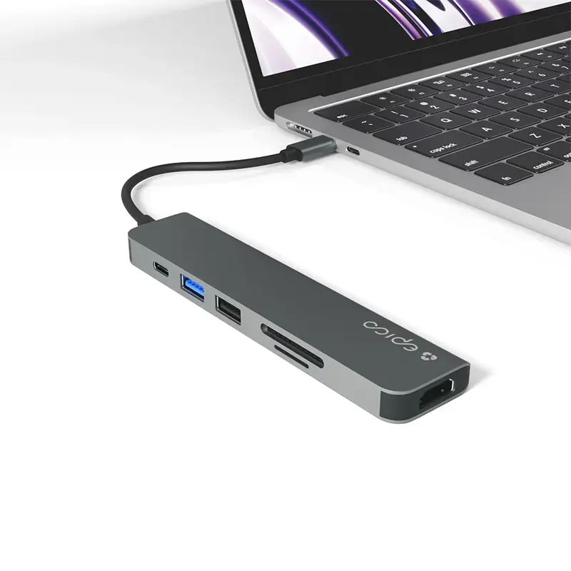 Sąsajos šakotuvas Epico 9915112100080 — USB Type-C priegloba, HDMI, USB 2.0, USB Type-C, MicroSD/SD kortelių skaitytuvas, aliuminis/TPU, pilka