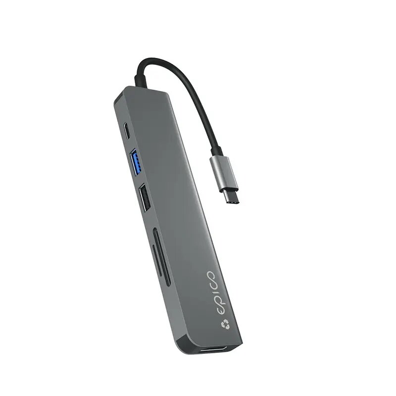 Sąsajos šakotuvas Epico 9915112100080 — USB Type-C priegloba, HDMI, USB 2.0, USB Type-C, MicroSD/SD kortelių skaitytuvas, aliuminis/TPU, pilka