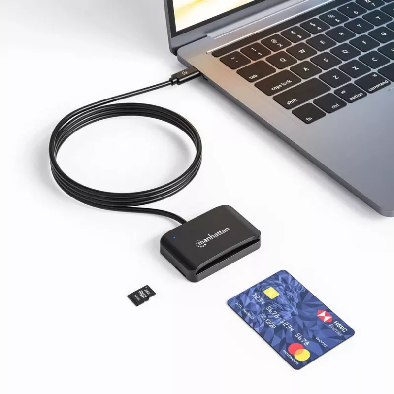Manhattan USB-C USB jungties lustinių kortelių skaitytuvas su „MicroSD“ lizdu, USB-C kištuko ir kortelių skaitytuvo sąsaja bei „microSDXC“, palaiko „Windows“, „macOS“ ir „Linux“, skaito SIM korteles su adapteriu, laidas 1 m, juodas, trejų metų garantija