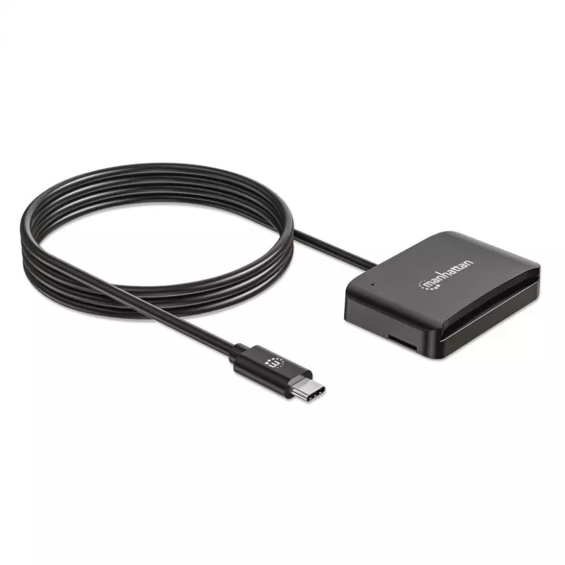 Manhattan USB-C USB jungties lustinių kortelių skaitytuvas su „MicroSD“ lizdu, USB-C kištuko ir kortelių skaitytuvo sąsaja bei „microSDXC“, palaiko „Windows“, „macOS“ ir „Linux“, skaito SIM korteles su adapteriu, laidas 1 m, juodas, trejų metų garantija