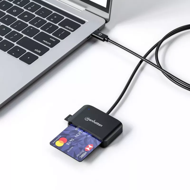 Manhattan USB-C USB jungties lustinių kortelių skaitytuvas su „MicroSD“ lizdu, USB-C kištuko ir kortelių skaitytuvo sąsaja bei „microSDXC“, palaiko „Windows“, „macOS“ ir „Linux“, skaito SIM korteles su adapteriu, laidas 1 m, juodas, trejų metų garantija