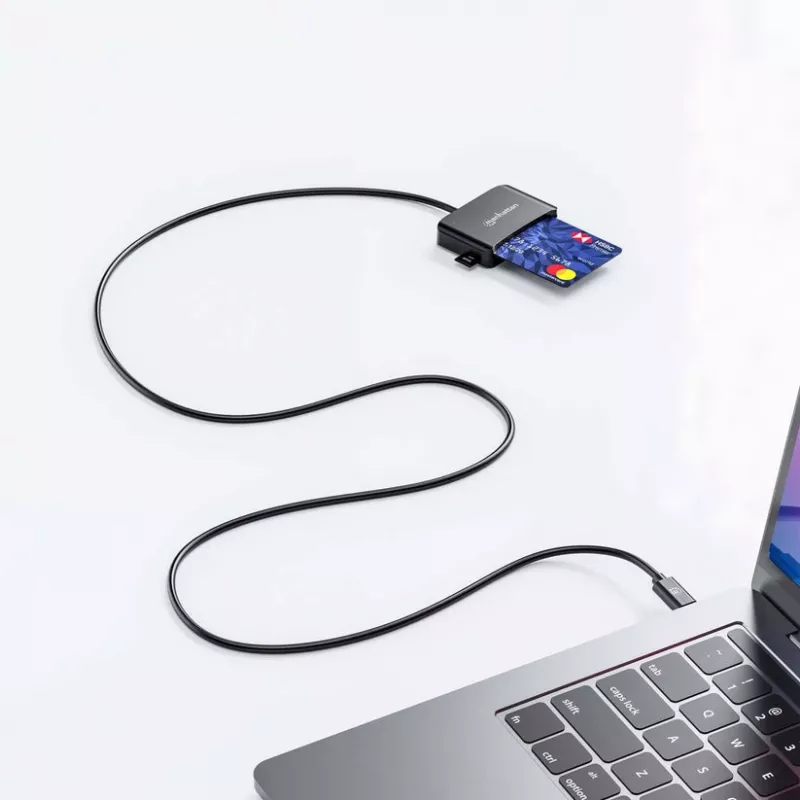 Manhattan USB-C USB jungties lustinių kortelių skaitytuvas su „MicroSD“ lizdu, USB-C kištuko ir kortelių skaitytuvo sąsaja bei „microSDXC“, palaiko „Windows“, „macOS“ ir „Linux“, skaito SIM korteles su adapteriu, laidas 1 m, juodas, trejų metų garantija