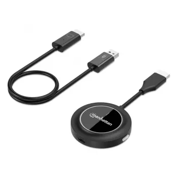 Manhattan 1080p belaidis HDMI ekrano pristatymo rinkinys, 2 dalių rinkinys su HDMI imtuvu ir HDMI siųstuvo raktu, skirtas belaidžiu būdu rodyti vaizdo signalą iš nešiojamojo kompiuterio / planšetinio kompiuterio / išmaniojo telefono HDMI televizoriuje arba projektoriuje, juodas