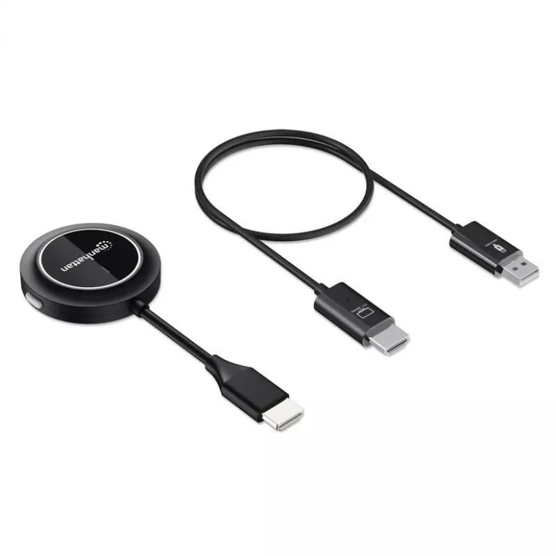 Manhattan 1080p belaidis HDMI ekrano pristatymo rinkinys, 2 dalių rinkinys su HDMI imtuvu ir HDMI siųstuvo raktu, skirtas belaidžiu būdu rodyti vaizdo signalą iš nešiojamojo kompiuterio / planšetinio kompiuterio / išmaniojo telefono HDMI televizoriuje arba projektoriuje, juodas
