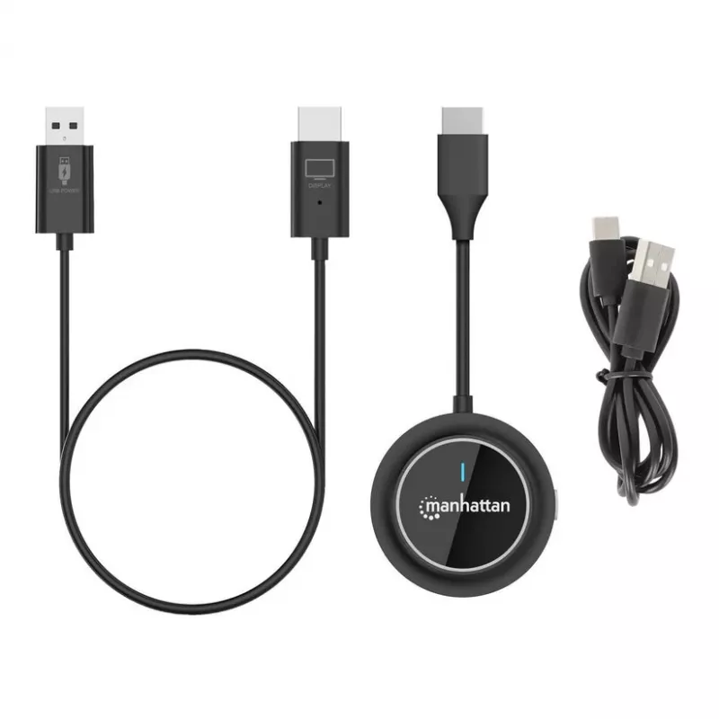 Manhattan 1080p belaidis HDMI ekrano pristatymo rinkinys, 2 dalių rinkinys su HDMI imtuvu ir HDMI siųstuvo raktu, skirtas belaidžiu būdu rodyti vaizdo signalą iš nešiojamojo kompiuterio / planšetinio kompiuterio / išmaniojo telefono HDMI televizoriuje arba projektoriuje, juodas