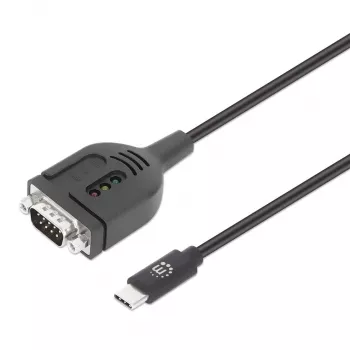 Manhattan USB-C į Serial konverterio kabelis, 1 m, kištukas-kištukas, Serial/RS232/COM/DB9, Prolific PL2303GT lustas, juodas kabelis, trejų metų garantija