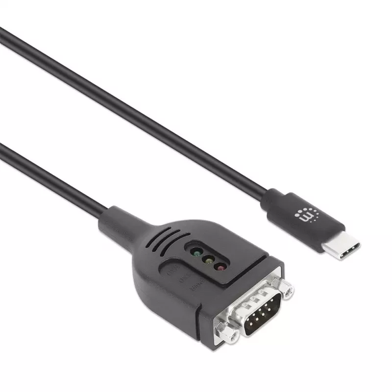 Manhattan USB-C į Serial konverterio kabelis, 1 m, kištukas-kištukas, Serial/RS232/COM/DB9, Prolific PL2303GT lustas, juodas kabelis, trejų metų garantija