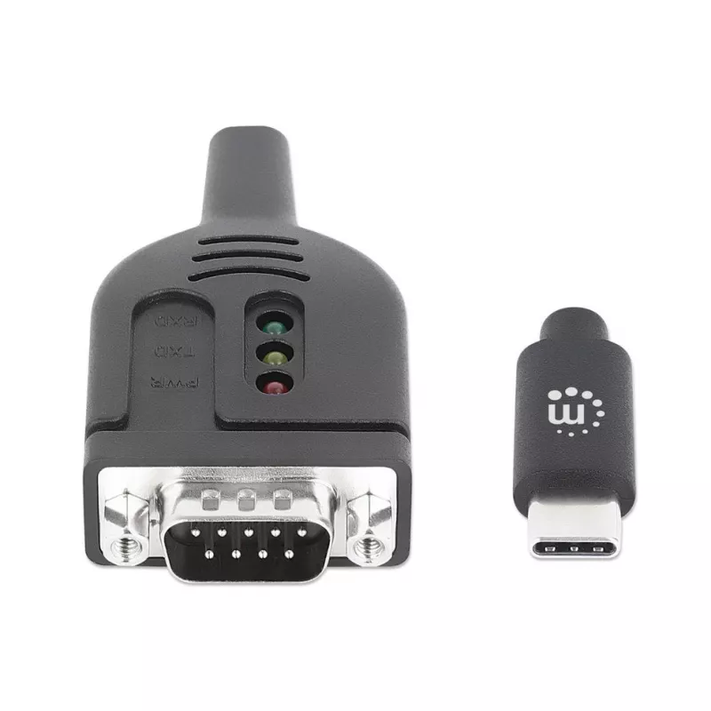 Manhattan USB-C į Serial konverterio kabelis, 1 m, kištukas-kištukas, Serial/RS232/COM/DB9, Prolific PL2303GT lustas, juodas kabelis, trejų metų garantija