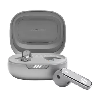 JBL LIVE FLEX ausinės belaidės į ausis įdedamos skambučiams / muzikai Bluetooth sidabrinės