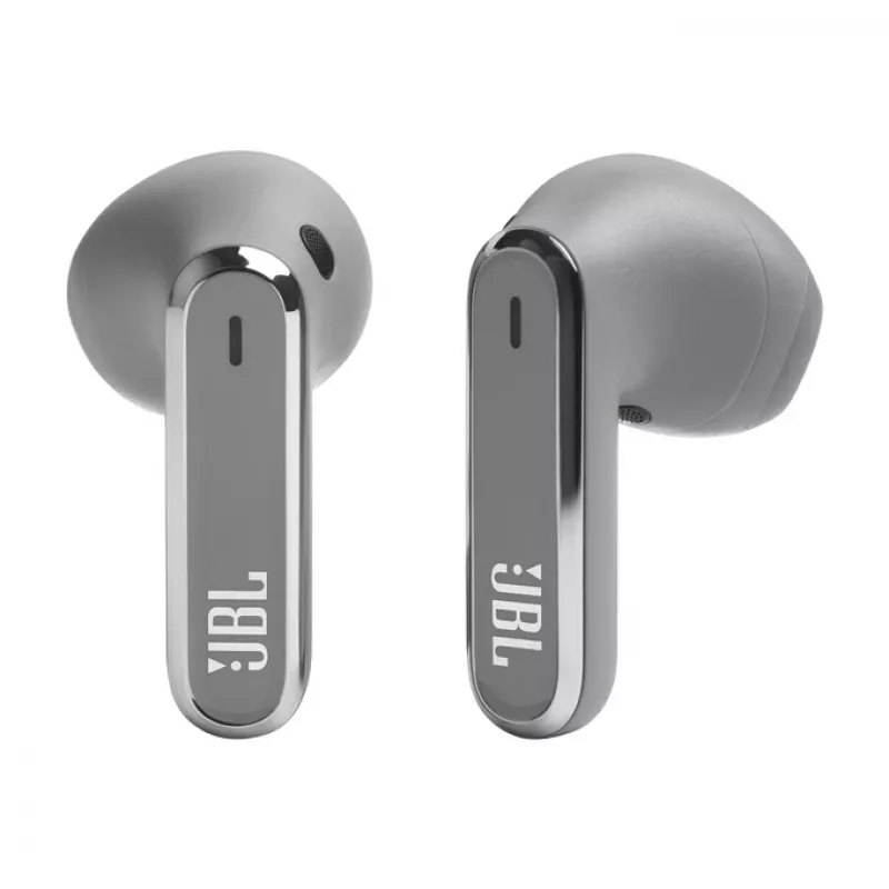 JBL LIVE FLEX ausinės belaidės į ausis įdedamos skambučiams / muzikai Bluetooth sidabrinės