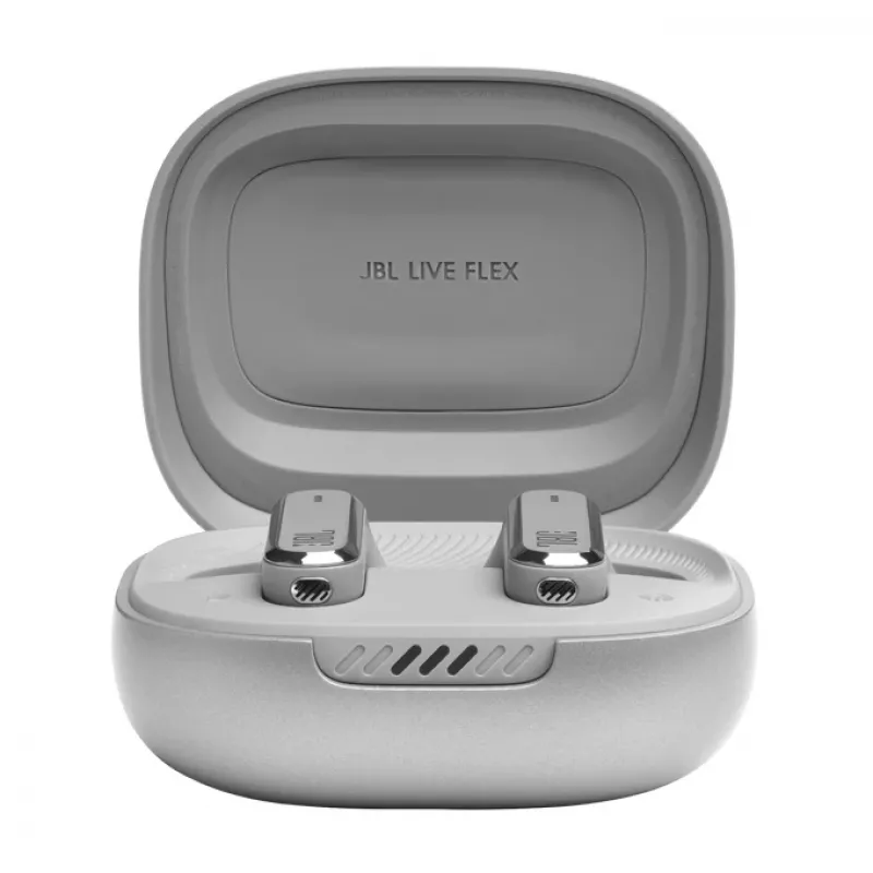 JBL LIVE FLEX ausinės belaidės į ausis įdedamos skambučiams / muzikai Bluetooth sidabrinės