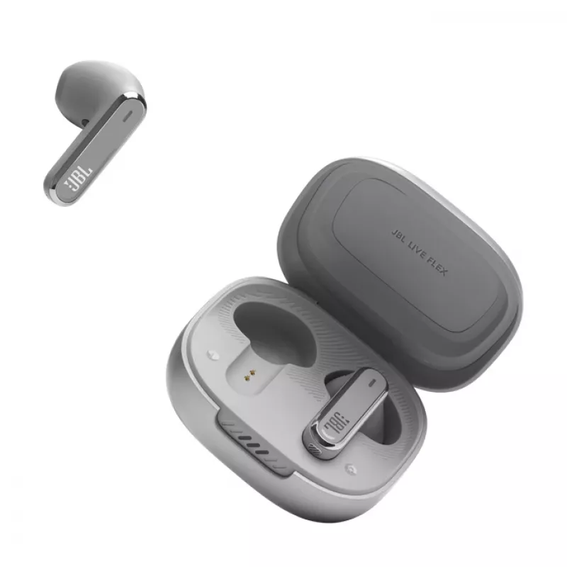 JBL LIVE FLEX ausinės belaidės į ausis įdedamos skambučiams / muzikai Bluetooth sidabrinės