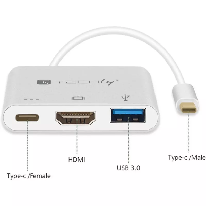 “Techly IADAP USB31-HDMIPTY” nešiojamojo kompiuterio dokas / prievadų daugiklis, laidinis USB 3.2 Gen 1 (3.1 Gen 1) Type-C, sidabrinis