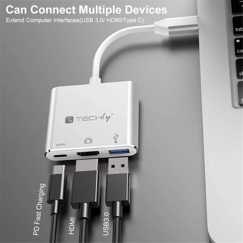 “Techly IADAP USB31-HDMIPTY” nešiojamojo kompiuterio dokas / prievadų daugiklis, laidinis USB 3.2 Gen 1 (3.1 Gen 1) Type-C, sidabrinis