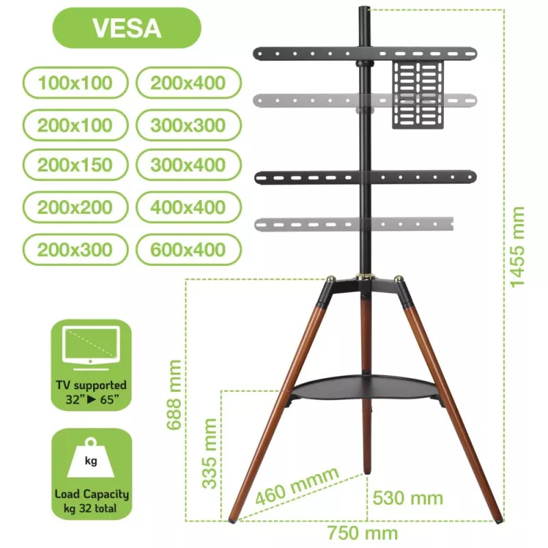 Techly ICA-TR58 TV laikiklis/stovas 165,1 cm (65 colių) Juoda, Mediena