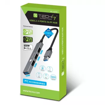Techly IUSB32-HUB4A-3U2SLS nešiojamojo kompiuterio dokas / prievadų daugintuvas Laidinis USB 3.2 Gen 1 (3.1 Gen 1) Type-A Pilka