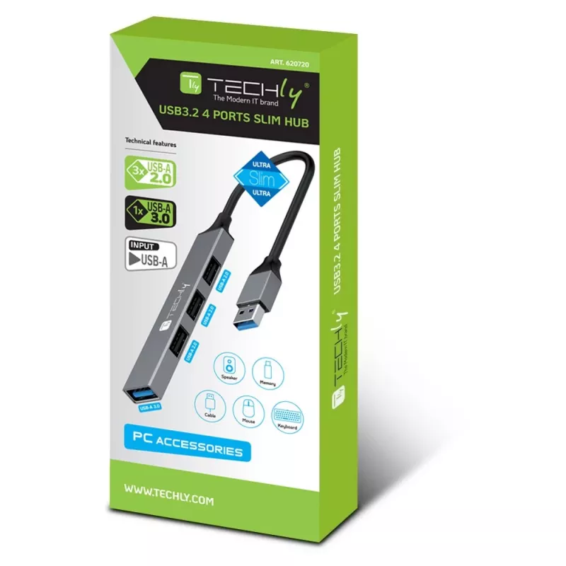 Techly IUSB32-HUB4A-3U2SLS nešiojamojo kompiuterio dokas / prievadų daugintuvas Laidinis USB 3.2 Gen 1 (3.1 Gen 1) Type-A Pilka