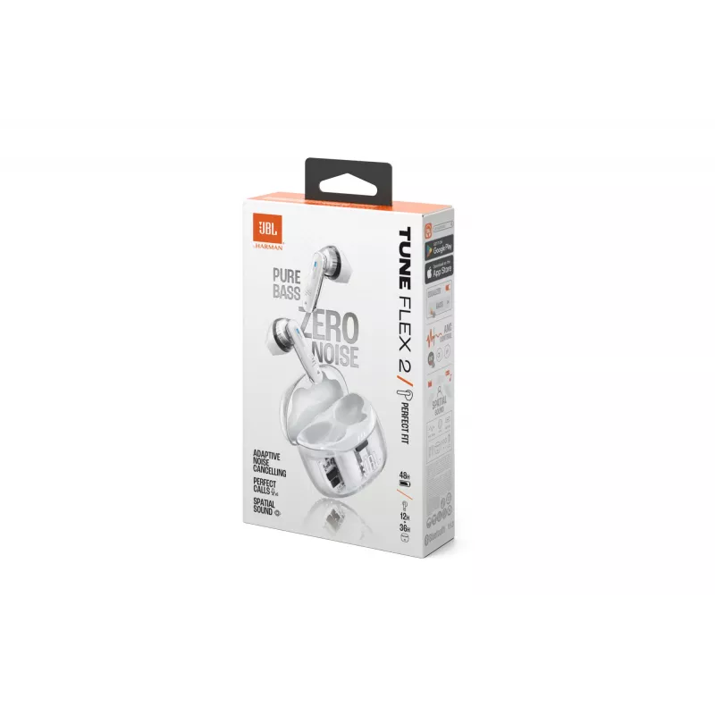 Ausinės JBL Tune Flex 2 Ghost Edition — True Wireless (TWS) į ausis įdedamos, Bluetooth, 20–20000 Hz, Baltos