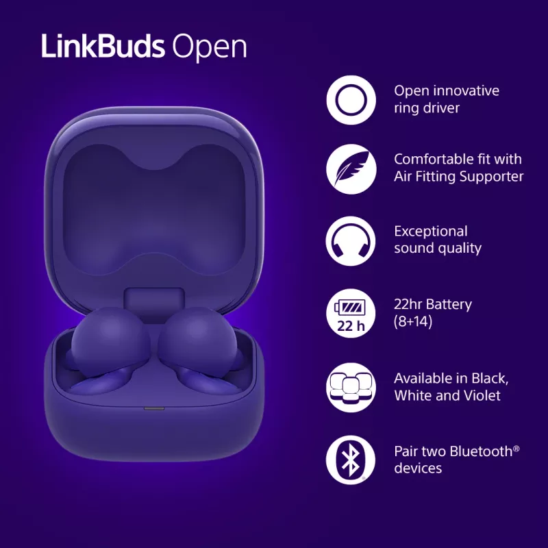 Sony LinkBuds Open WFL910V ausinės / laisvų rankų įranga Belaidės Į ausis įdedamos Skambučiai / Muzika Bluetooth Violetinė