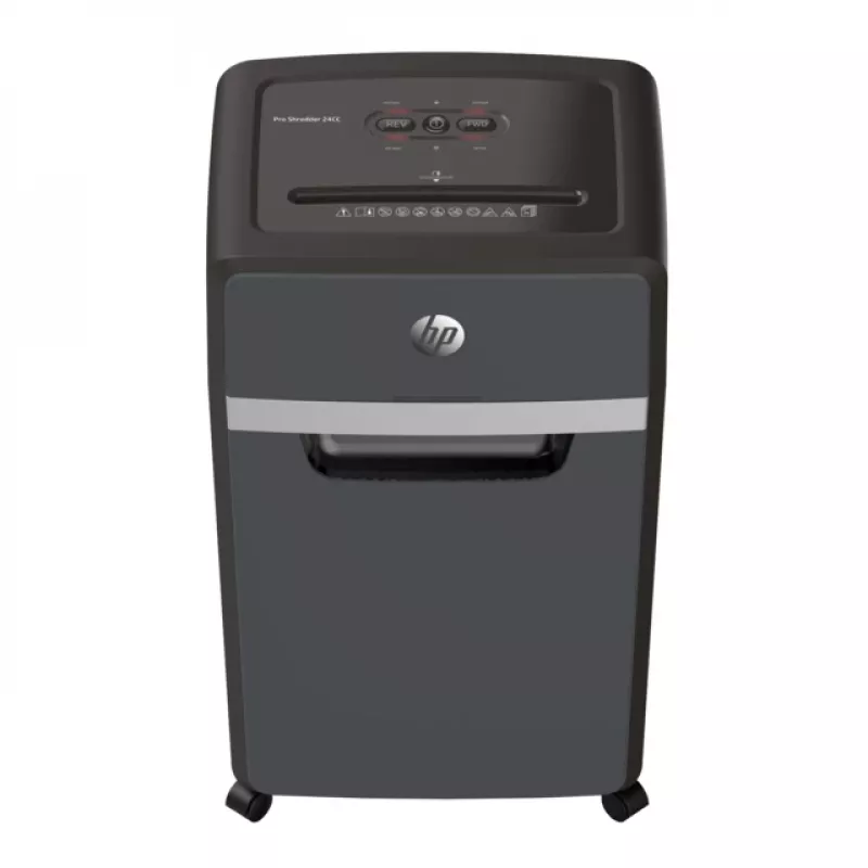 Popieriaus smulkintuvas HP Pro Shredder 24CC — dalelių pjovimo, 24 lapų talpa, 4 x 35 mm, 30 l dėžė, 680 W, 220 mm padavimo plotis, juodas