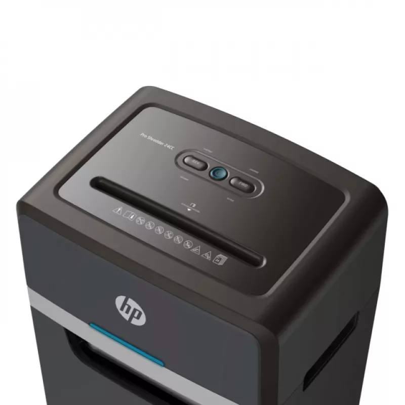 Popieriaus smulkintuvas HP Pro Shredder 24CC — dalelių pjovimo, 24 lapų talpa, 4 x 35 mm, 30 l dėžė, 680 W, 220 mm padavimo plotis, juodas