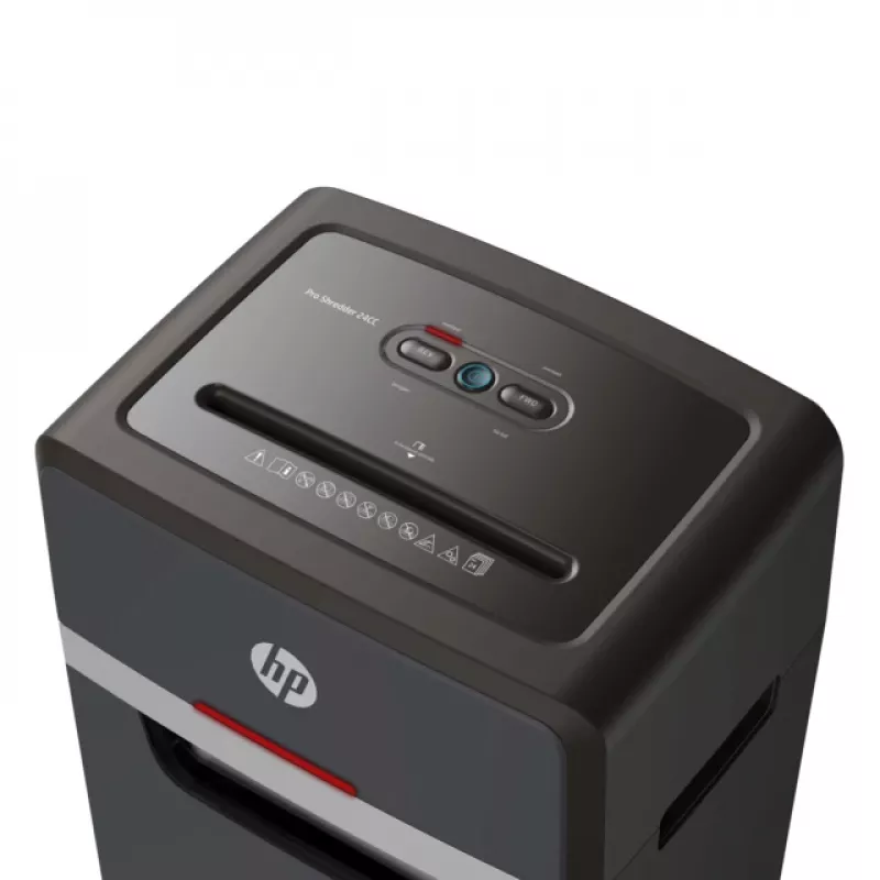 Popieriaus smulkintuvas HP Pro Shredder 24CC — dalelių pjovimo, 24 lapų talpa, 4 x 35 mm, 30 l dėžė, 680 W, 220 mm padavimo plotis, juodas