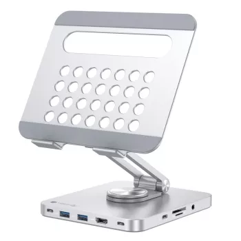 Techly 8-in-1 USB-C Hub Docking Station Tablet Stand, Tableto stovas, Sidabrinis, Aliuminis, 360°, USB 3.2 Gen 1 (3.1 Gen 1) Type-C, 5000 Mbit/s