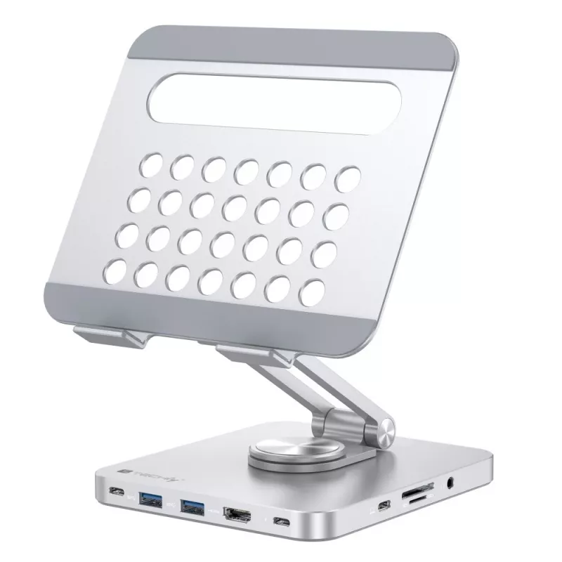 Techly 8-in-1 USB-C Hub Docking Station Tablet Stand, Tableto stovas, Sidabrinis, Aliuminis, 360°, USB 3.2 Gen 1 (3.1 Gen 1) Type-C, 5000 Mbit/s
