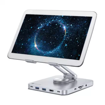 Techly 8-in-1 USB-C Hub Docking Station Tablet Stand, Tableto stovas, Sidabrinis, Aliuminis, 360°, USB 3.2 Gen 1 (3.1 Gen 1) Type-C, 5000 Mbit/s