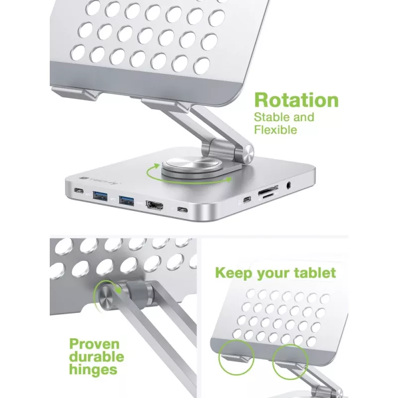 Techly 8-in-1 USB-C Hub Docking Station Tablet Stand, Tableto stovas, Sidabrinis, Aliuminis, 360°, USB 3.2 Gen 1 (3.1 Gen 1) Type-C, 5000 Mbit/s