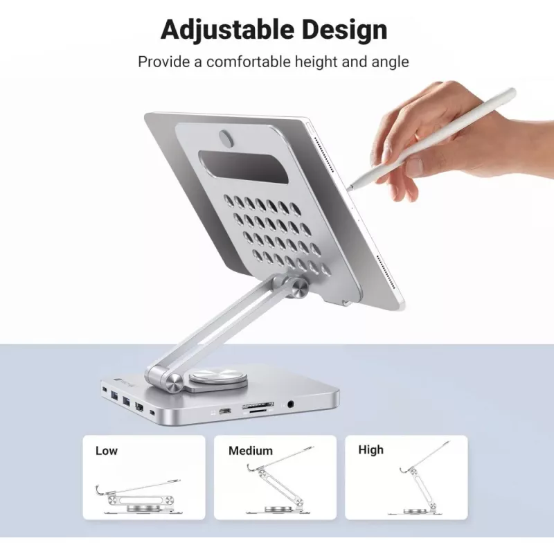 Techly 8-in-1 USB-C Hub Docking Station Tablet Stand, Tableto stovas, Sidabrinis, Aliuminis, 360°, USB 3.2 Gen 1 (3.1 Gen 1) Type-C, 5000 Mbit/s