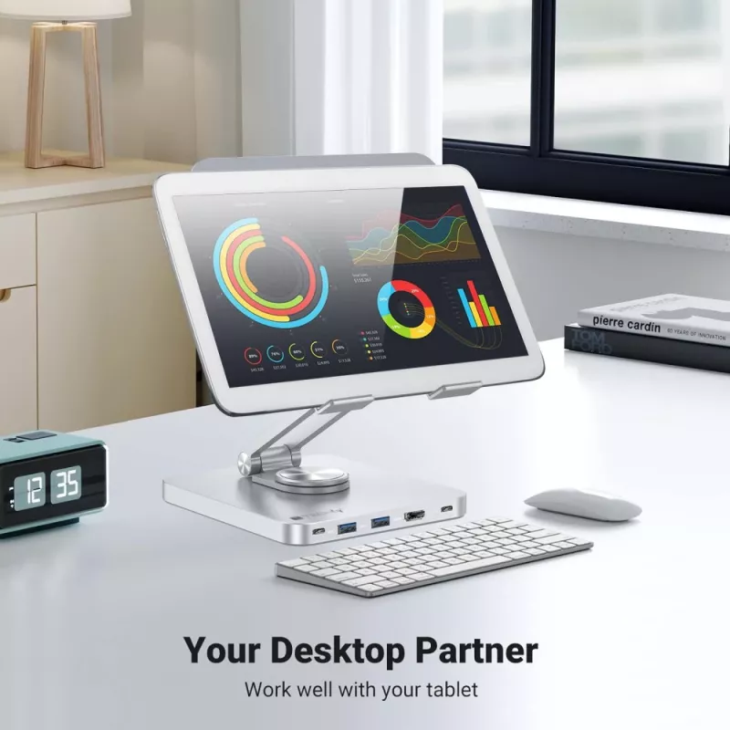Techly 8-in-1 USB-C Hub Docking Station Tablet Stand, Tableto stovas, Sidabrinis, Aliuminis, 360°, USB 3.2 Gen 1 (3.1 Gen 1) Type-C, 5000 Mbit/s
