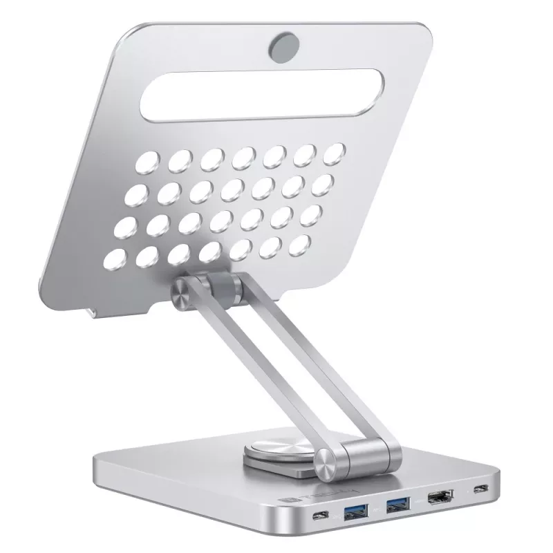 Techly 8-in-1 USB-C Hub Docking Station Tablet Stand, Tableto stovas, Sidabrinis, Aliuminis, 360°, USB 3.2 Gen 1 (3.1 Gen 1) Type-C, 5000 Mbit/s