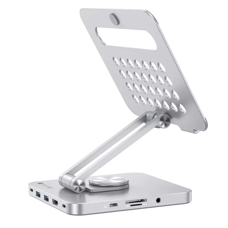 Techly 8-in-1 USB-C Hub Docking Station Tablet Stand, Tableto stovas, Sidabrinis, Aliuminis, 360°, USB 3.2 Gen 1 (3.1 Gen 1) Type-C, 5000 Mbit/s