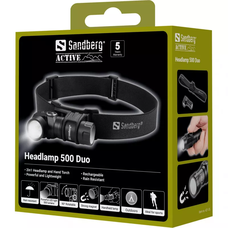 Sandberg Headlamp 500 Duo, galvos juostos žibintuvėlis, juoda, aliuminis, IP44, LED, 25 lm