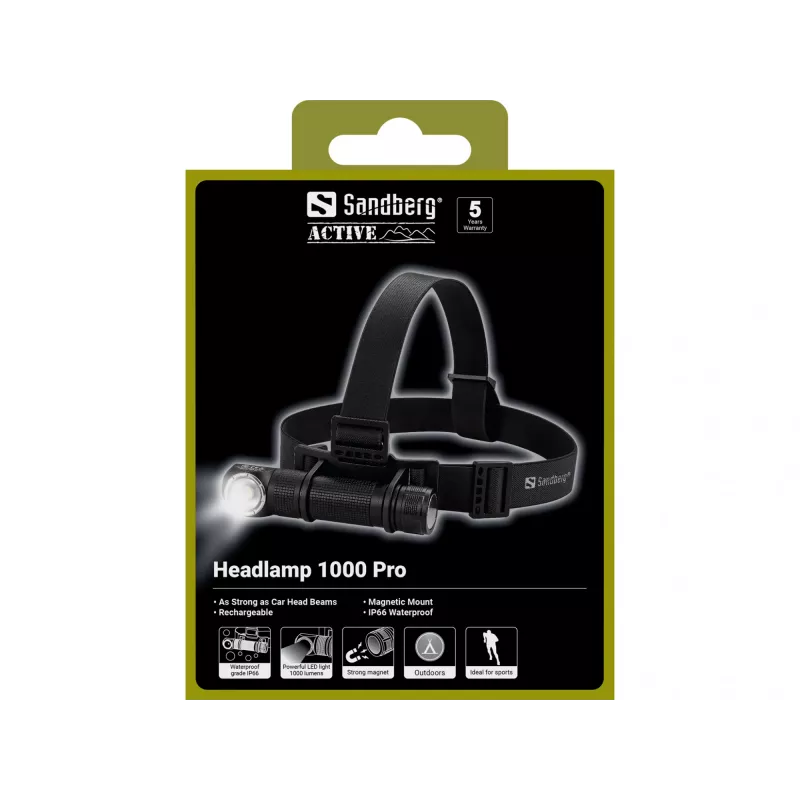 Sandberg Headlamp 1000 Pro, žibintuvėlis ant galvos juostos, juodas, aliuminis, IP66, LED, 25 lm