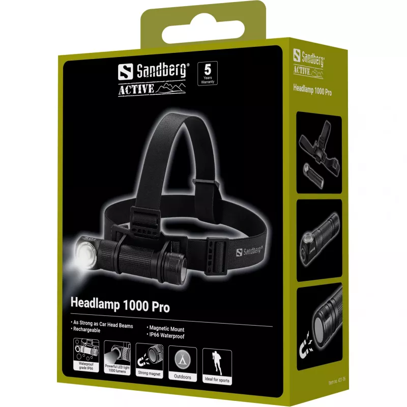 Sandberg Headlamp 1000 Pro, žibintuvėlis ant galvos juostos, juodas, aliuminis, IP66, LED, 25 lm
