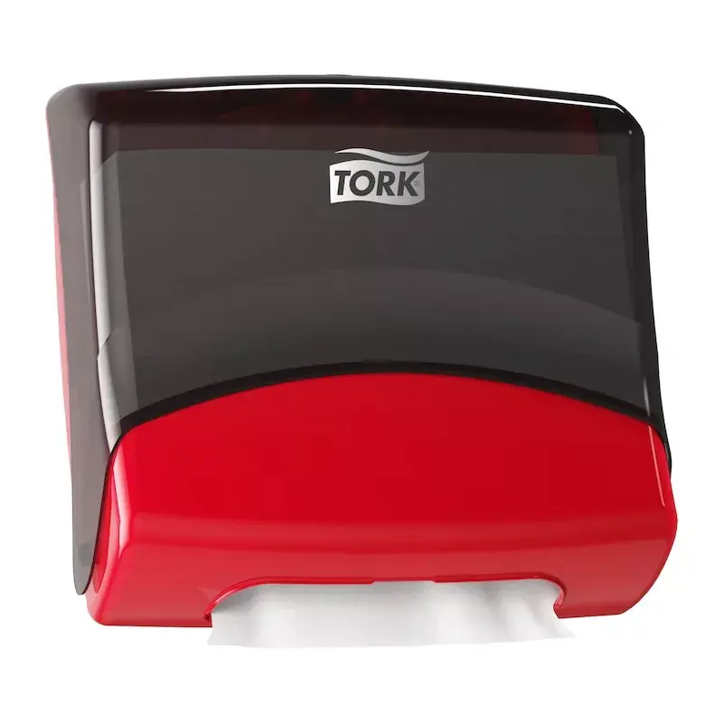 Popierinių rankšluosčių dozatorius Tork 654008 — sieninis, plotis 427 mm, gylis 206 mm, aukštis 394 mm, raudonas