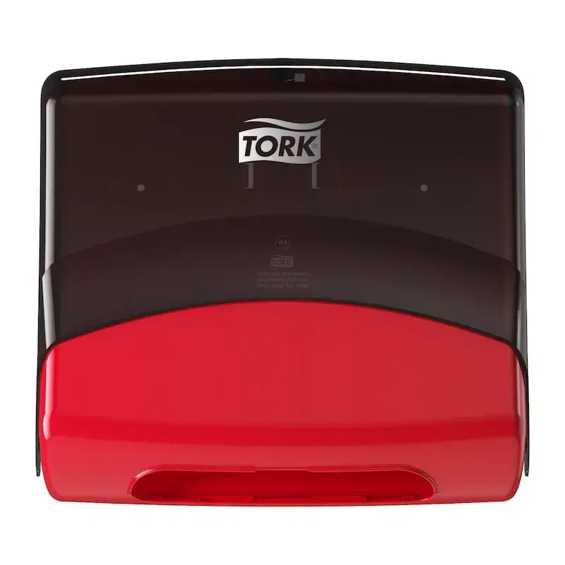 Popierinių rankšluosčių dozatorius Tork 654008 — sieninis, plotis 427 mm, gylis 206 mm, aukštis 394 mm, raudonas