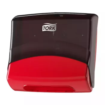 Popierinių rankšluosčių dozatorius Tork 654008 — sieninis, plotis 427 mm, gylis 206 mm, aukštis 394 mm, raudonas