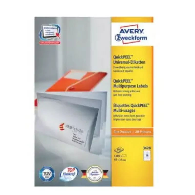 Lipnios adresavimo etiketės Avery Zweckform 3678 — baltas popierius, 9,7×3,7 cm, 1400 etikečių (100 lapų)