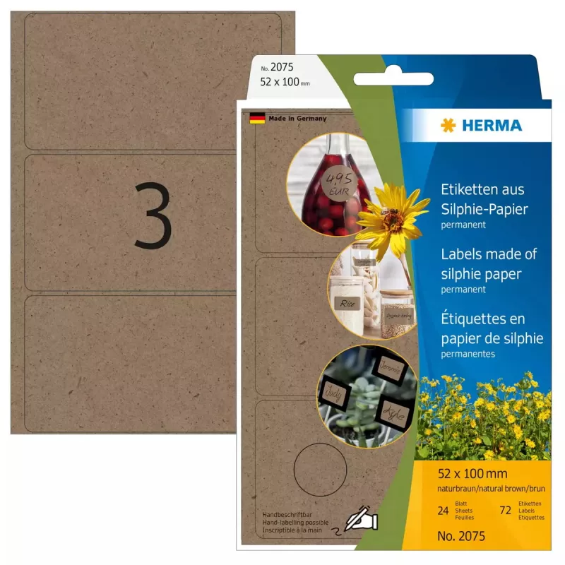 HERMA 2075 lipnios etiketės, apvalus stačiakampis, nuolatinis, rudos spalvos, 72 vnt.