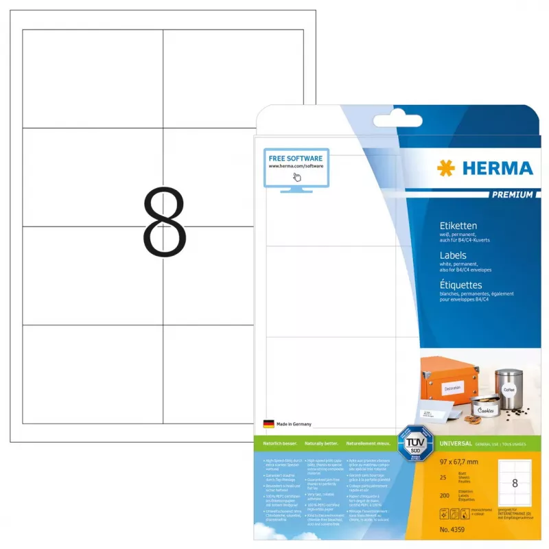 Lipnios spausdintuvo etiketės HERMA Labels Premium A4 97x67,7 mm