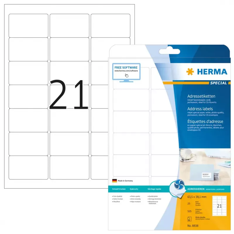 Rašalinio spausdintuvo adresų etiketės HERMA 8838 A4 63,5x38,1 mm 525 vnt.