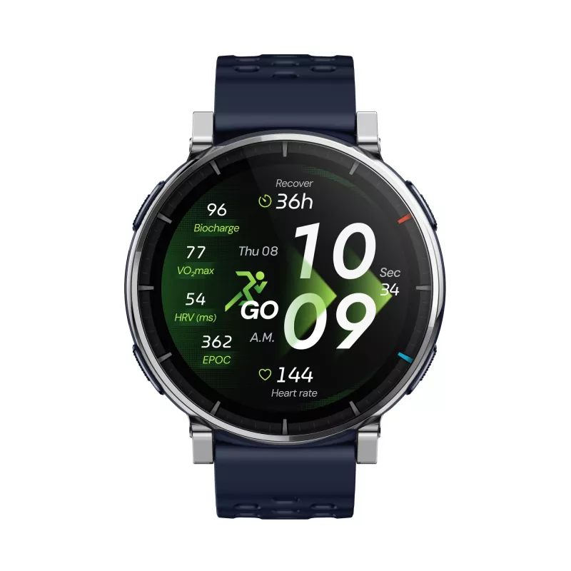 Išmanusis laikrodis Amazfit W2558GL2N — 1,32 colio (3,35 cm) AMOLED 466×466 pikselių, GPS, 365 mAh, silikoninis dirželis (mėlynas)
