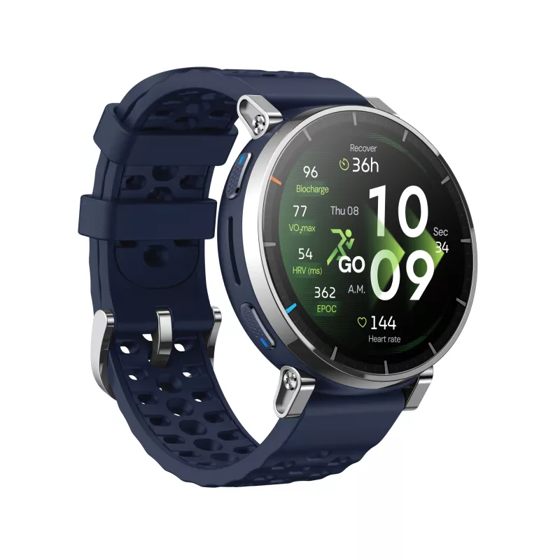Išmanusis laikrodis Amazfit W2558GL2N — 1,32 colio (3,35 cm) AMOLED 466×466 pikselių, GPS, 365 mAh, silikoninis dirželis (mėlynas)