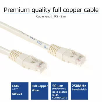 ACT 20 metrų U/UTP CAT6 jungiamasis laidas su RJ45 jungtimis, dramblio kaulo spalvos