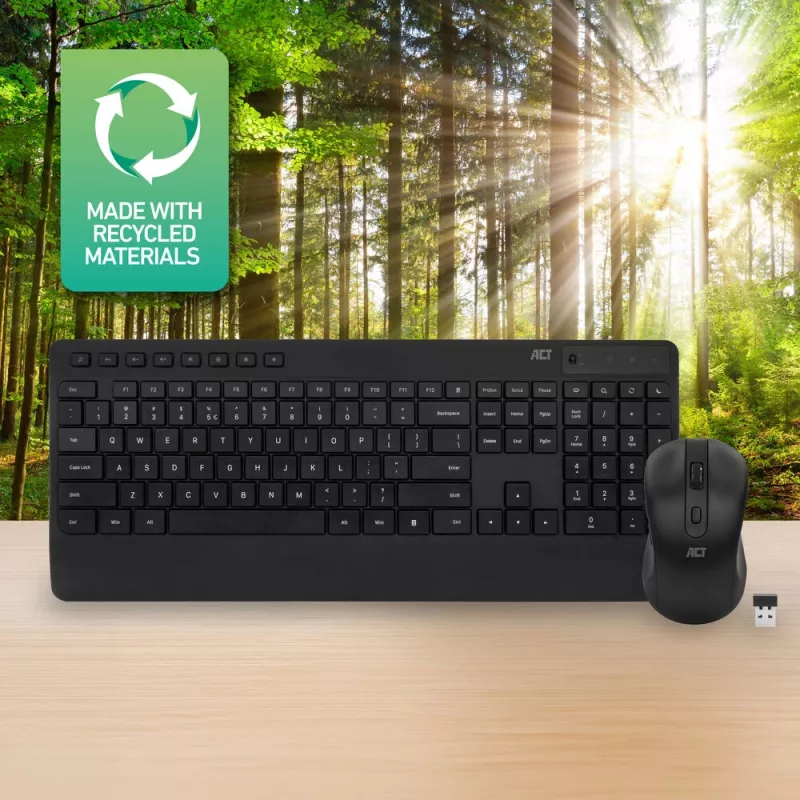 ACT belaidės klaviatūros ir pelės rinkinys (Qwerty), tylus spustelėjimas, ekologiškas, pagamintas iš perdirbtų medžiagų