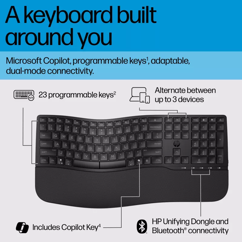 HP 680 Comfort dviejų režimų klaviatūra, pilno dydžio (100 %), belaidė, radijo dažnių belaidis ryšys + Bluetooth, QWERTY, juoda