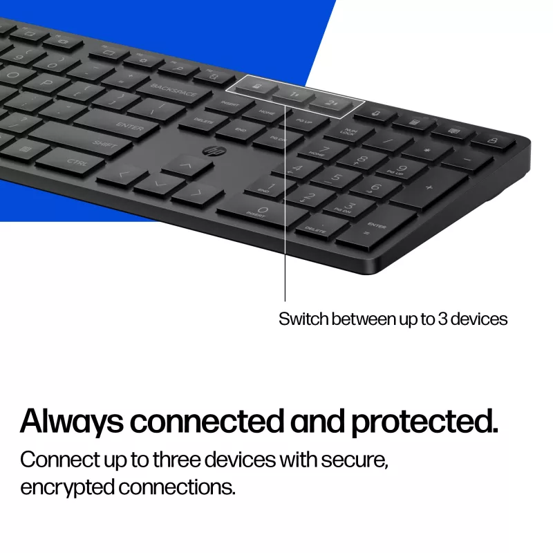 HP 490K kelių įrenginių dviejų režimų klaviatūra, pilno dydžio (100 %), belaidė, USB + Bluetooth, QWERTY, juoda